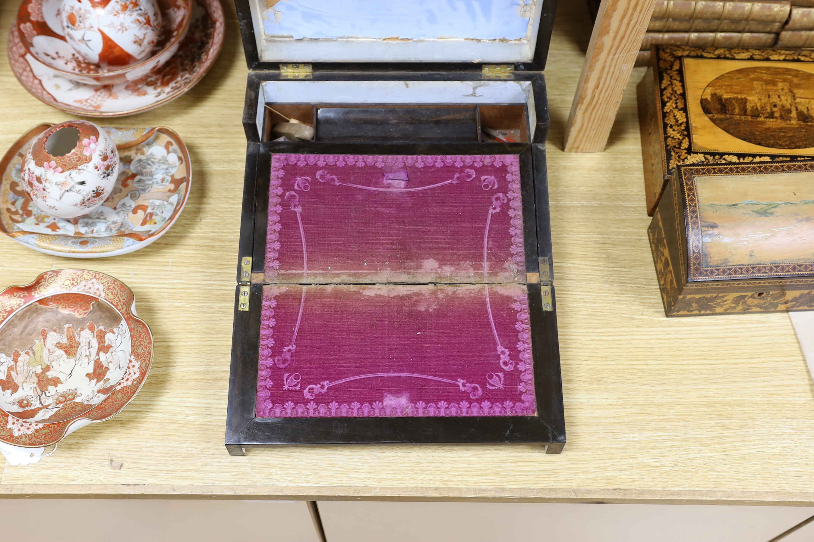 A 19th century inlaid writing slope and assorted contents